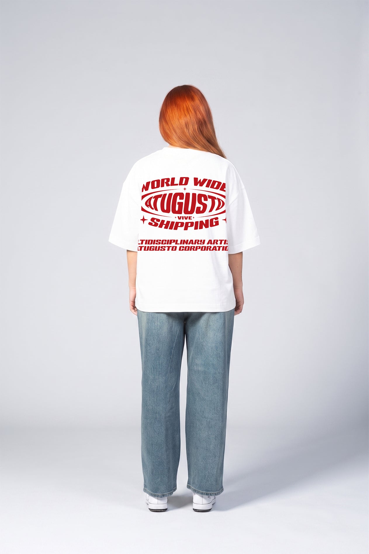 CAMISETA VIVE ATUGUSTO WORLD WIDE SHIPPING RE-EDITION COLOR BLANCO